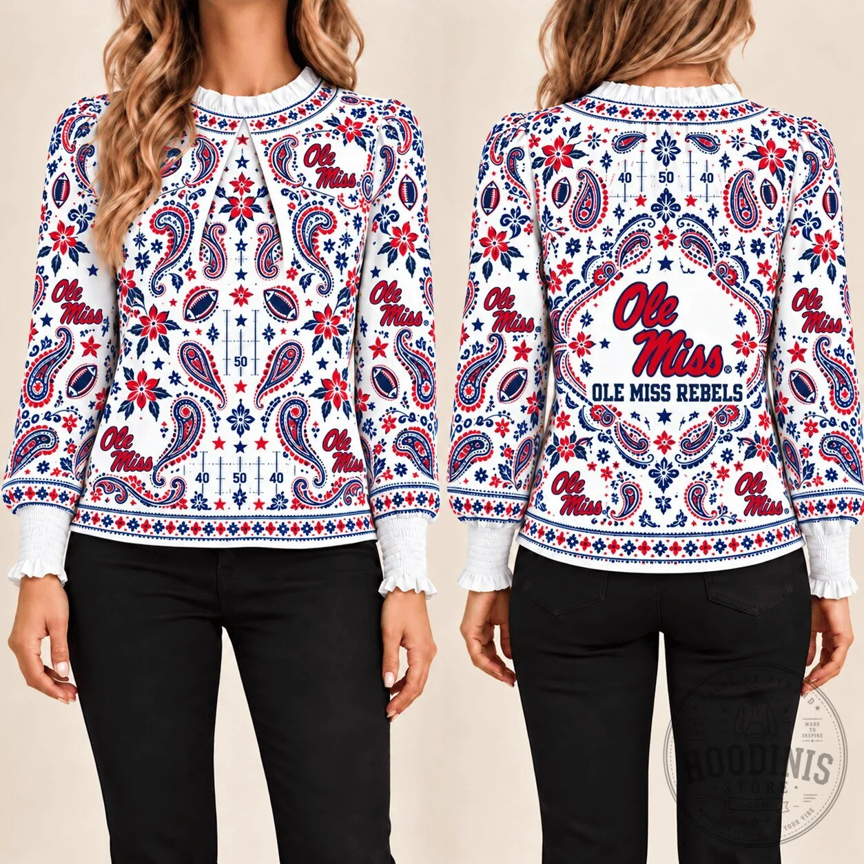 Ole Miss Rebels Paisley Pattern Ruffle Neck Long Sleeve Blouse