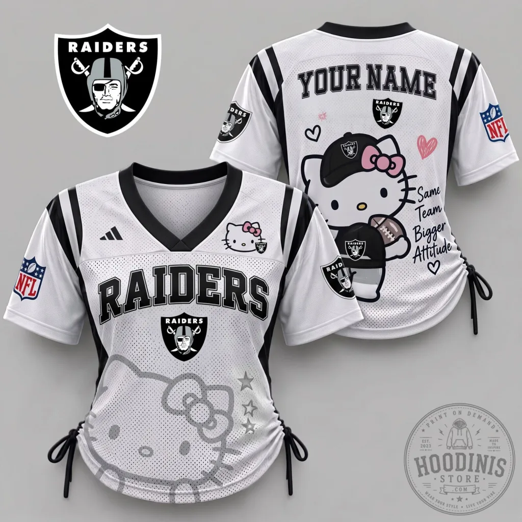 Las Vegas Raiders Hello Kitty Sweetheart Varsity Women Lace-Up Football Jersey Las Vegas Raiders Hello Kitty Sweetheart Varsity Women Lace-Up Football Jersey