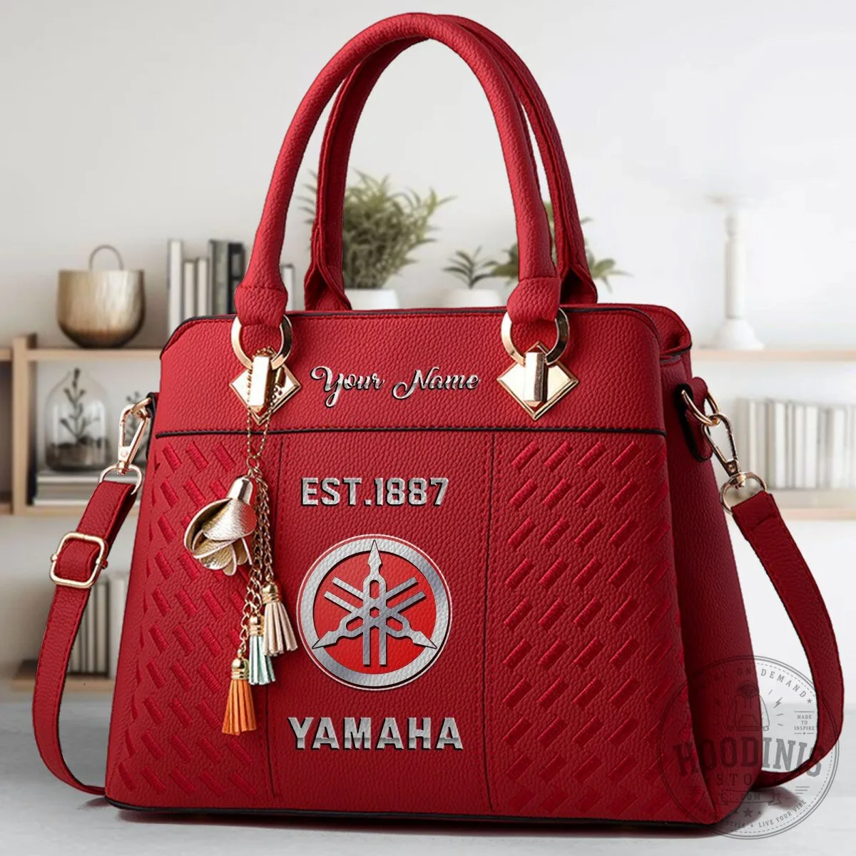 Yamaha Motor Company Red Leather Handbag with Custom Name and Established Date