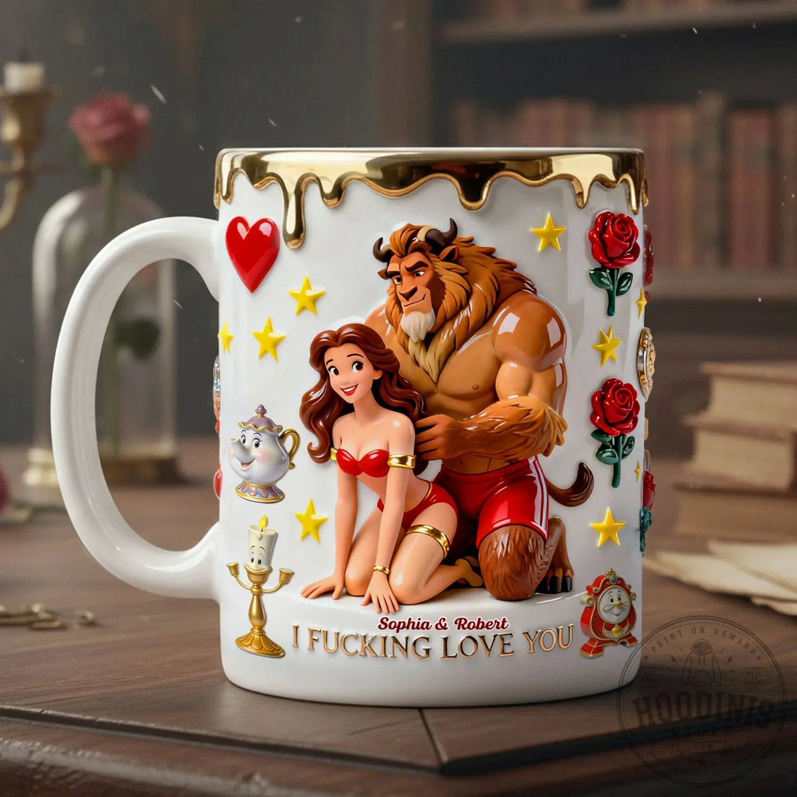 Personalized Couple Coffee Mug featuring Beauty and the Beast Design