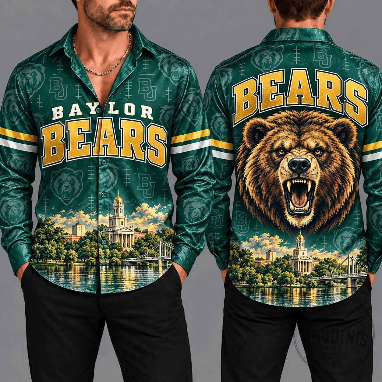 Baylor Bears University Campus Scene Green Long-Sleeve Button-Up Shirt