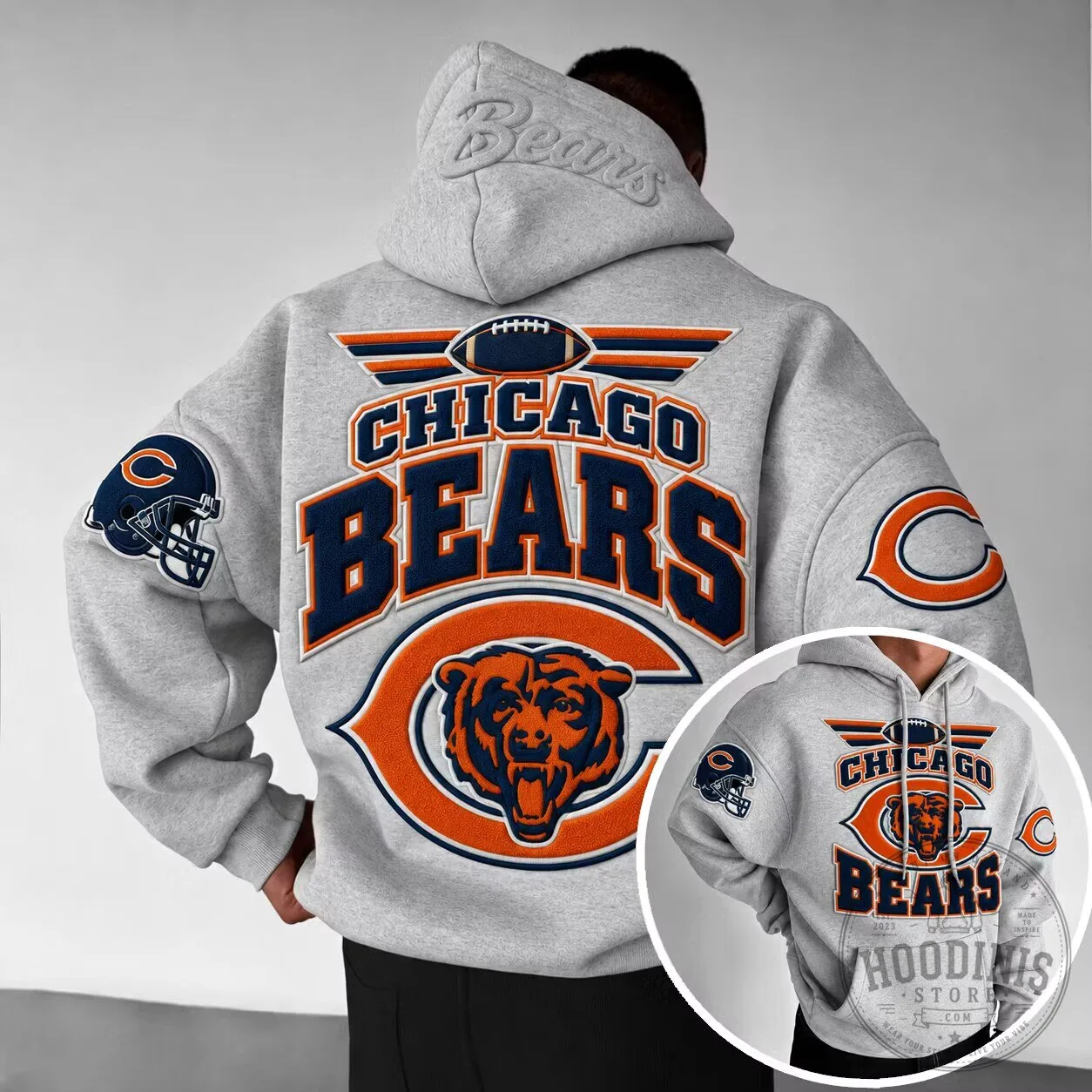 Chicago Bears NFL Football Team Logo Gray Hoodie with Helmet and Bear Mascot