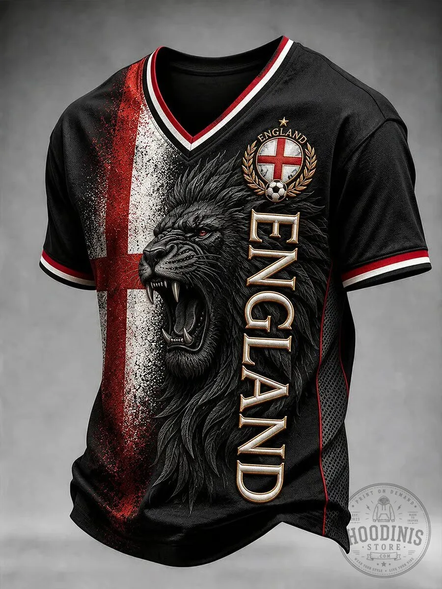 England Football Lion Graphic Print V-Neck Short Sleeve T-Shirt