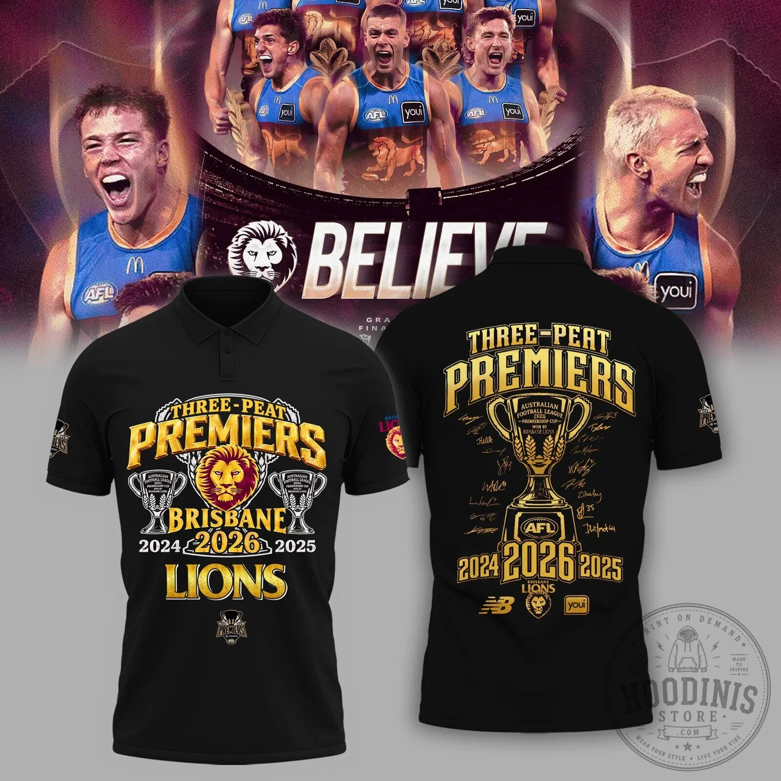 Brisbane Lions 2026 AFL Three-Peat Premiers Polo Shirt