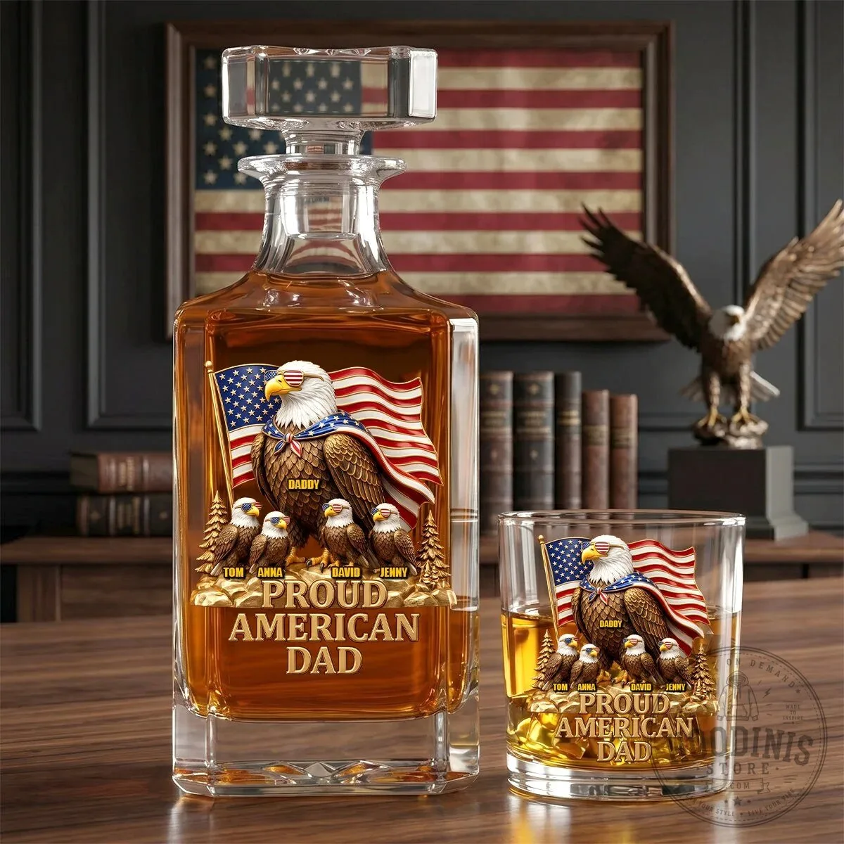 Proud American Dad Personalized Eagle Flag Whiskey Decanter Set