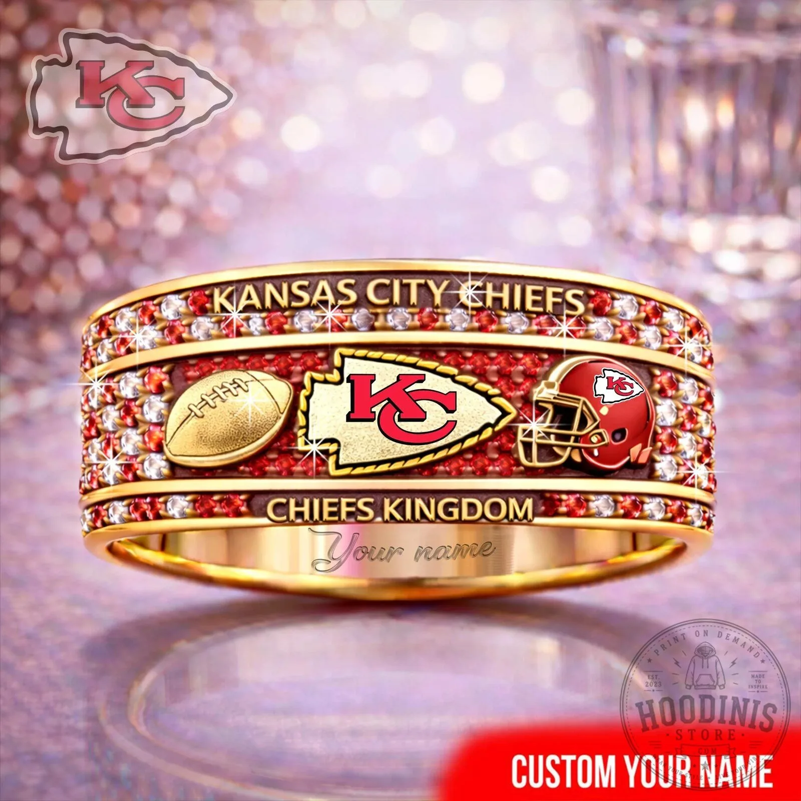 Kansas City Chiefs Football Team Gold Plated Diamond Encrusted Ring