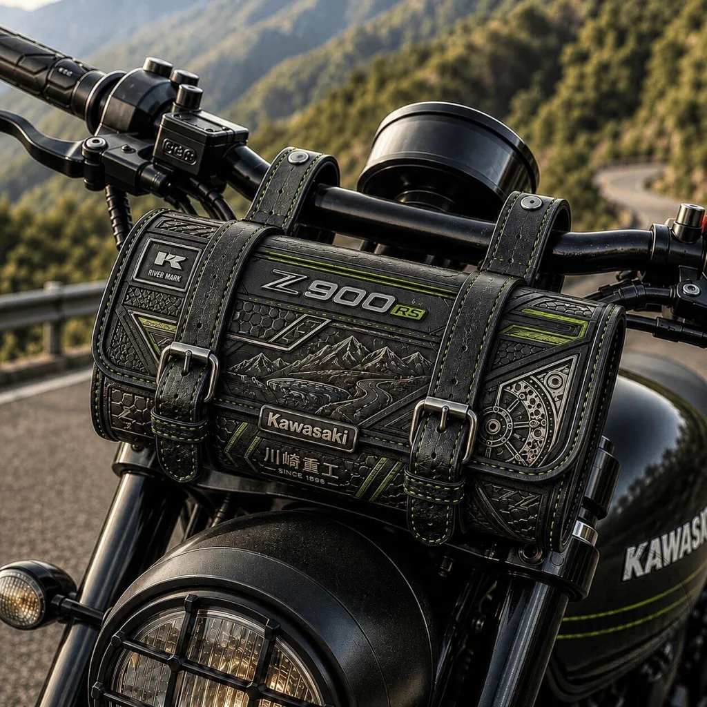 Kawasaki Z900RS Motorcycle Handlebar Bag with Vintage Embossed Design Kawasaki Z900RS Motorcycle Handlebar Bag with Vintage Embossed Design