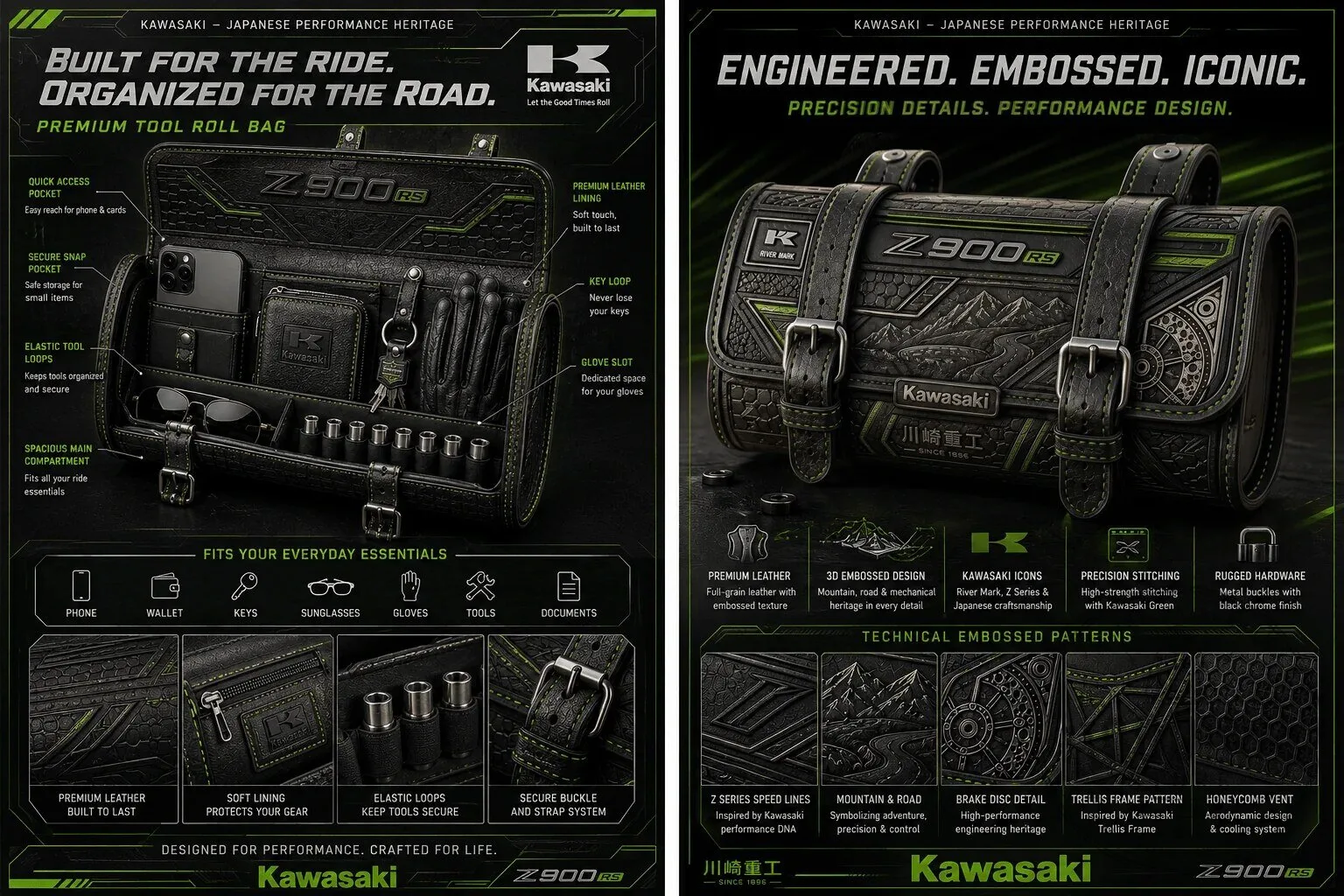 Kawasaki Z900RS Motorcycle Handlebar Bag with Vintage Embossed Design 9 Kawasaki Z900RS Motorcycle Handlebar Bag with Vintage Embossed Design