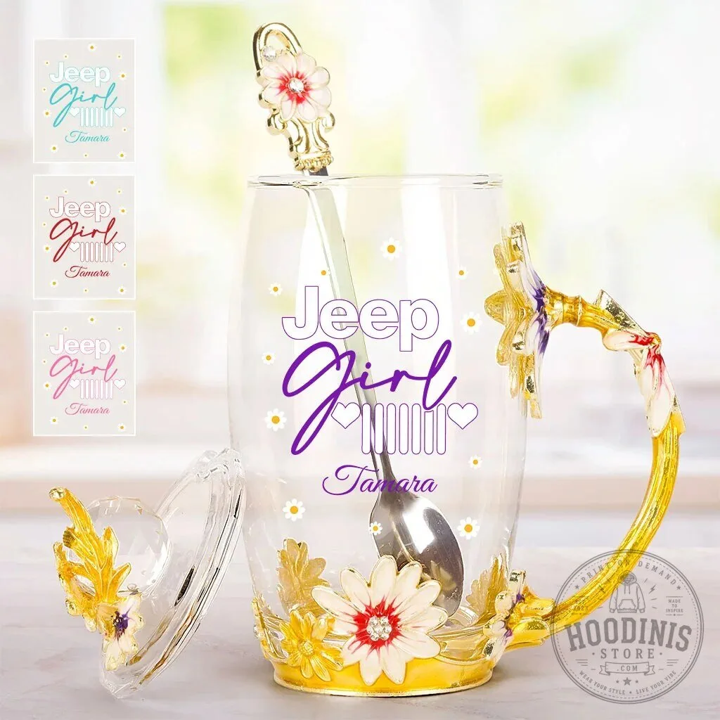 Jeep Girl Personalized Glass Mug with Flower Spoon and Lid