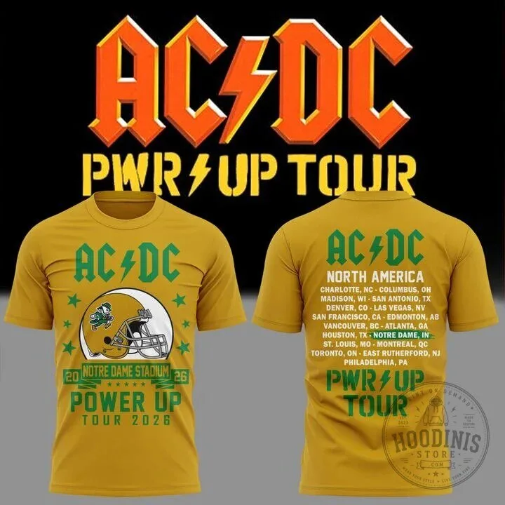 2026 Concert T-Shirt Featuring AC/DC Power Up Tour with Notre Dame Football Design