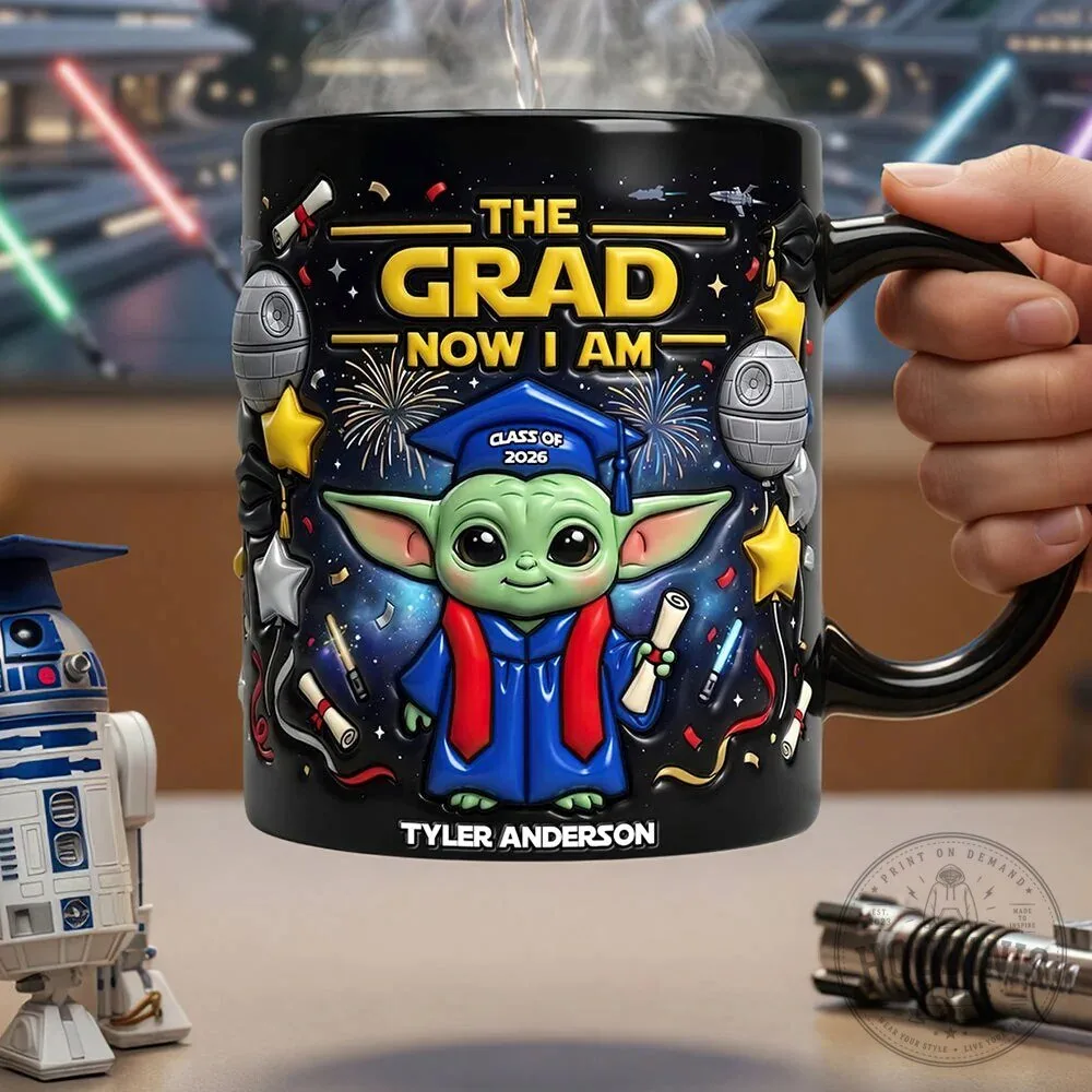 Star Wars Grogu Graduation Personalized Black Ceramic Coffee Mug