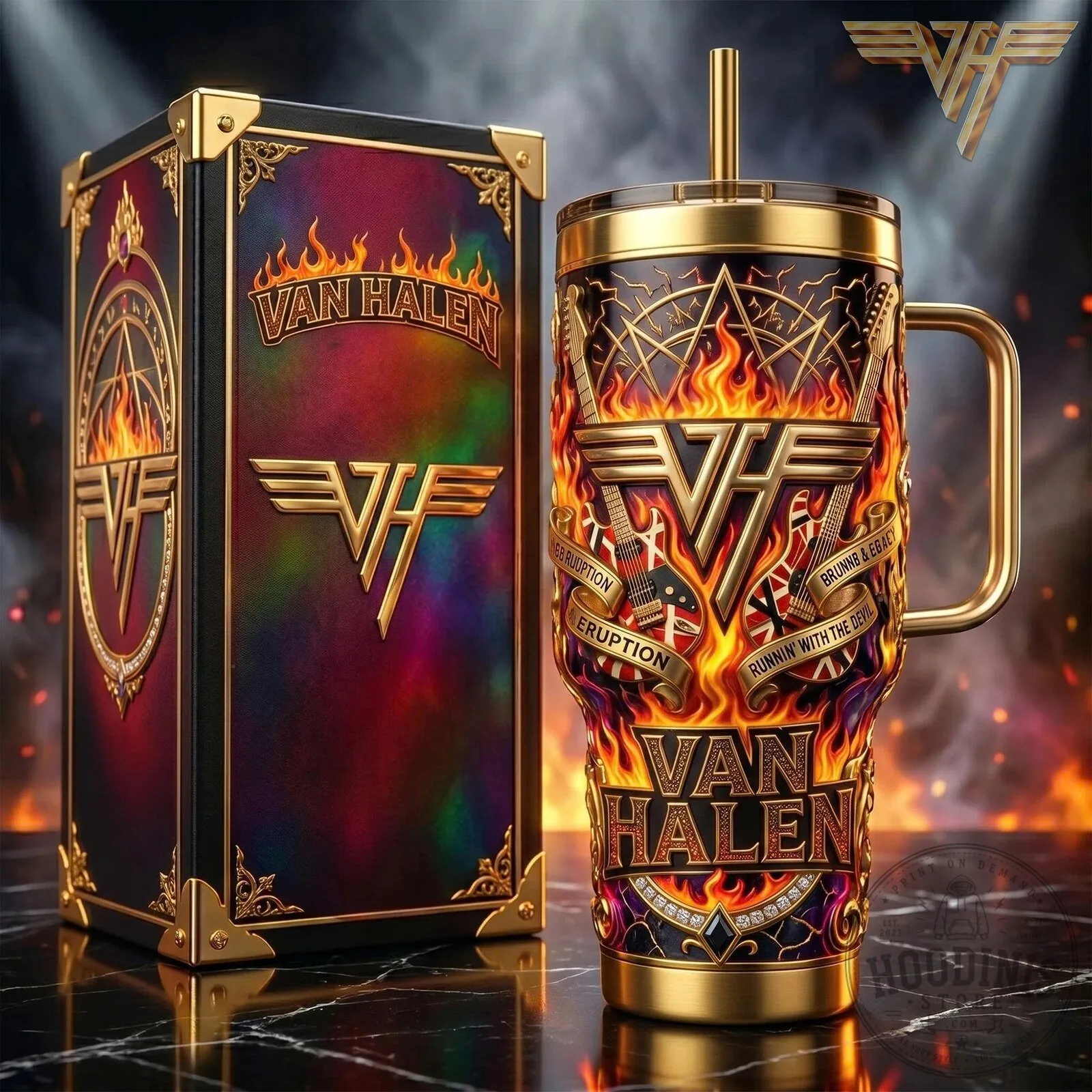 Van Halen Eruption Running With The Devil Gold Flame Tumbler