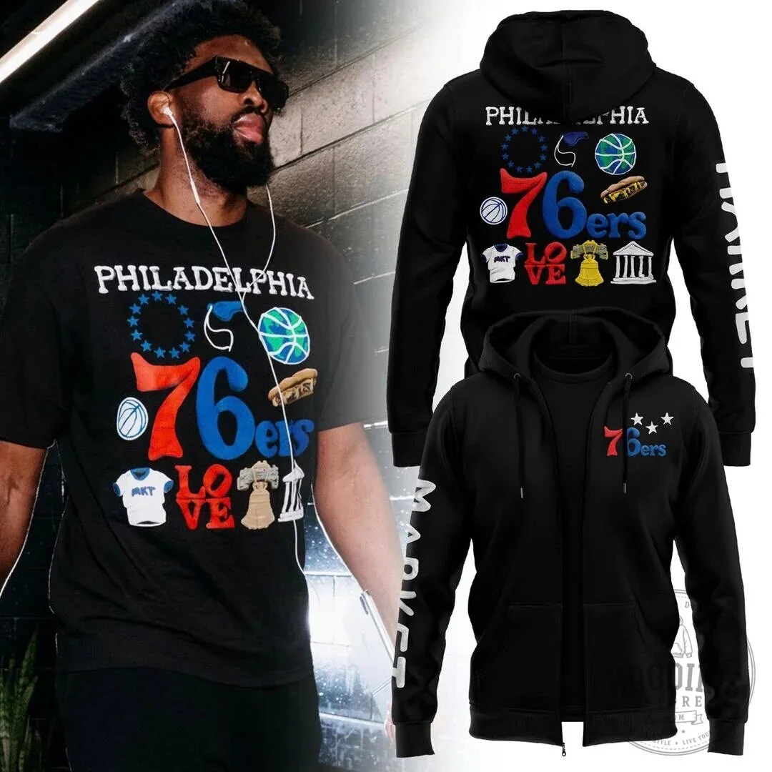 Philadelphia 76ers NBA Market Black Zip Hoodie with City Icons