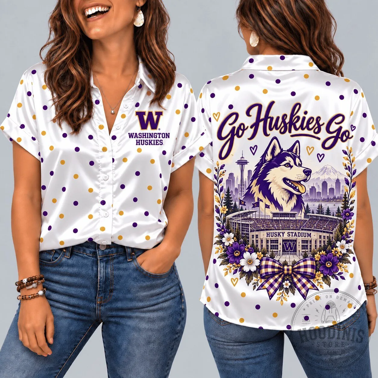 Washington Huskies Mascot Polka Dot Short Sleeve Button Down Shirt