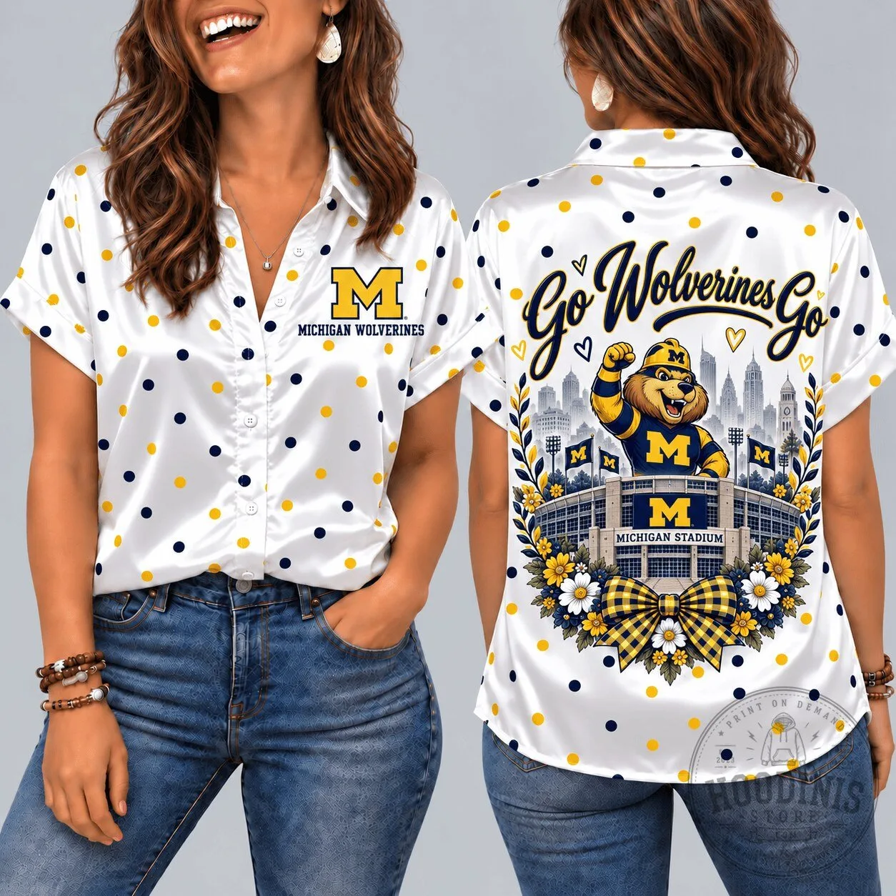 Michigan Wolverines Mascot Polka Dot Short Sleeve Button Down Shirt