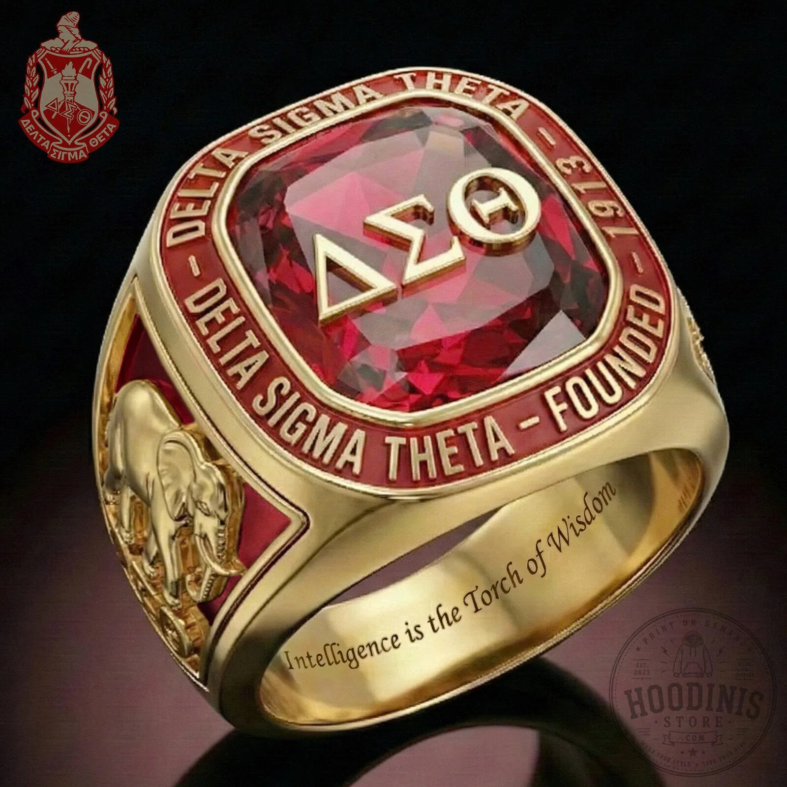 Delta Sigma Theta Gold Ring with Red Gemstone and Elephant Detail