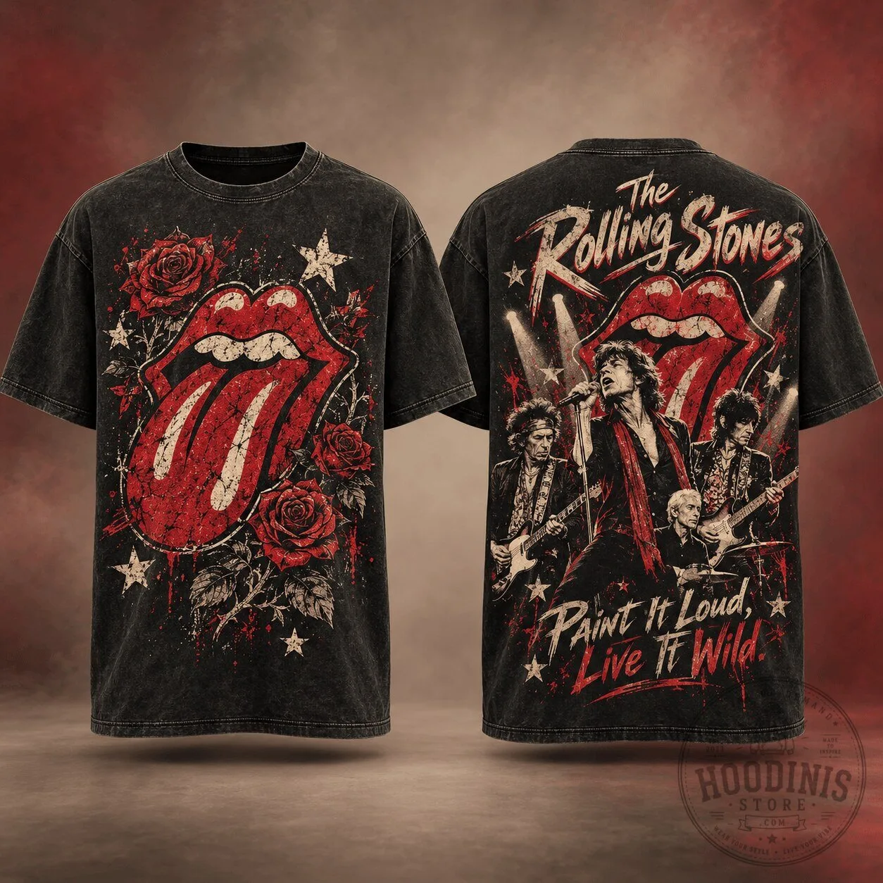 The Rolling Stones Tongue Logo and Red Roses Band Music T-Shirt