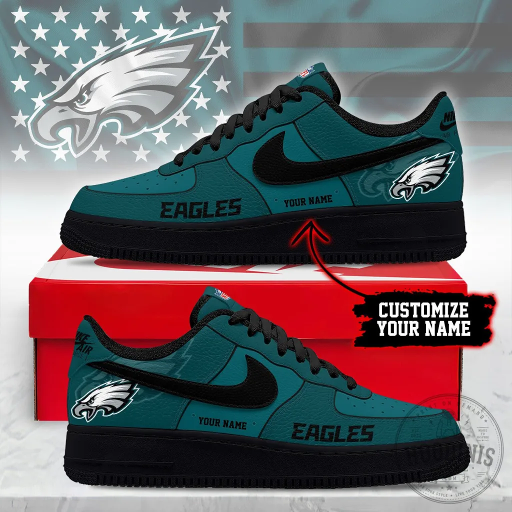 Philadelphia Eagles Custom Name Teal Black Air Force One Sneakers Shoes Philadelphia Eagles Custom Name Teal Black Air Force One Sneakers Shoes