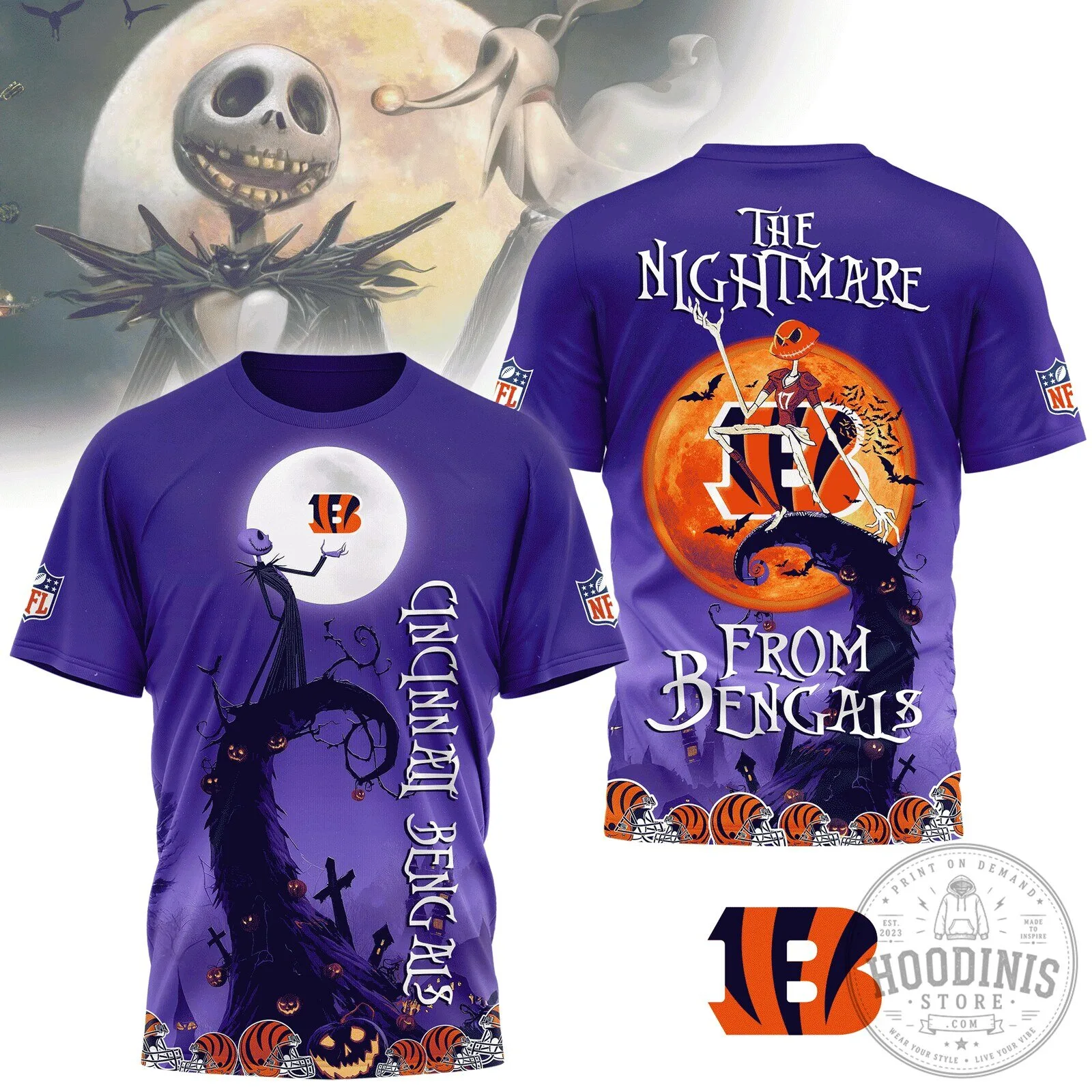 Cincinnati Bengals The Nightmare Before Christmas Halloween Purple T-Shirt