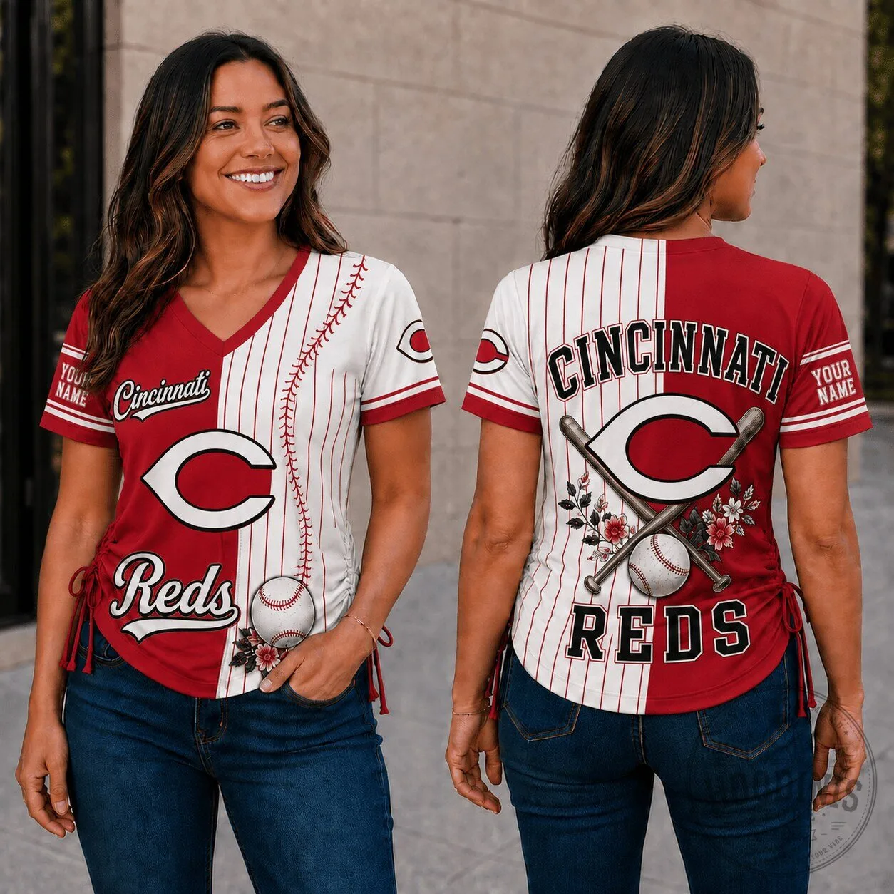 Cincinnati Reds MLB Fan Shirt, Personalized Baseball V-Neck T-Shirt for Women