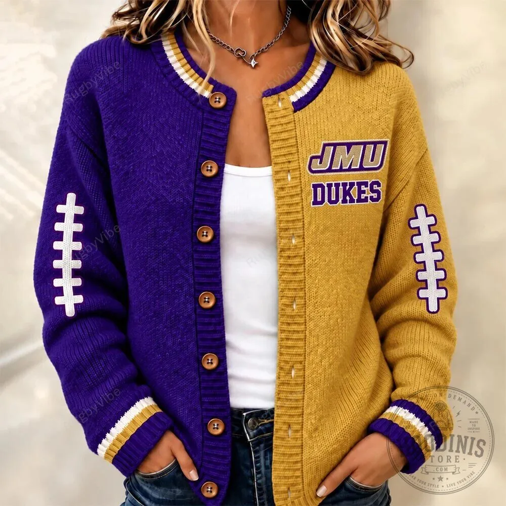 James Madison Dukes Football Team Split Color Cardigan Sweater 1 James Madison Dukes Football Team Split Color Cardigan Sweater