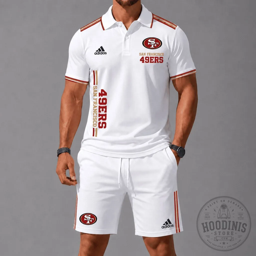 San Francisco 49ers NFL Football Team White Polo Shirt and Shorts Set San Francisco 49ers NFL Football Team White Polo Shirt and Shorts Set