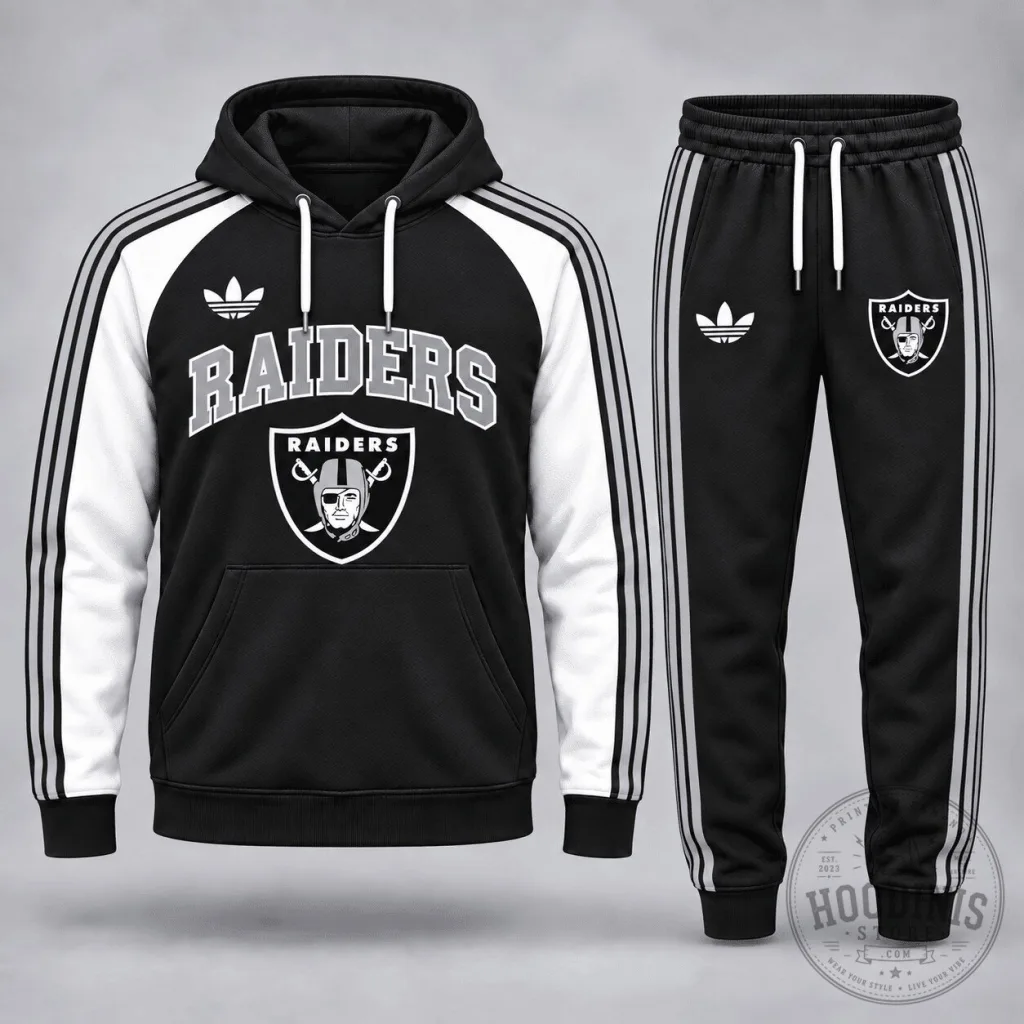 Las Vegas Raiders Football Team Black and White Striped Hoodie and Jogger Set Las Vegas Raiders Football Team Black and White Striped Hoodie and Jogger Set