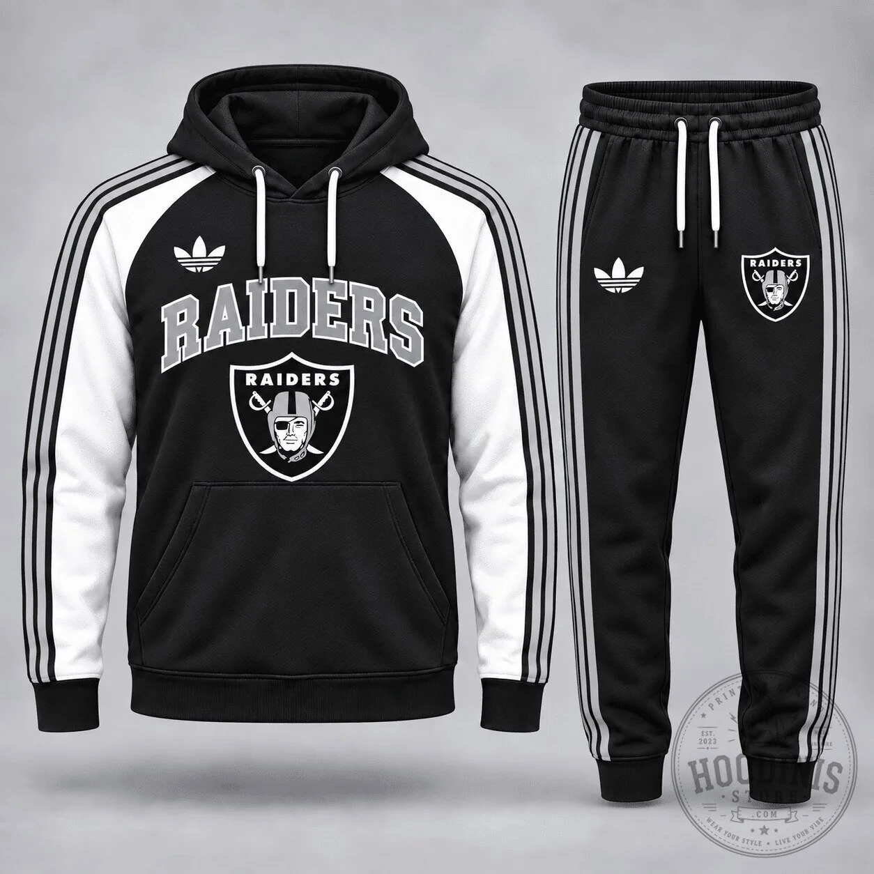 Las Vegas Raiders Football Team Black and White Striped Hoodie and Jogger Set