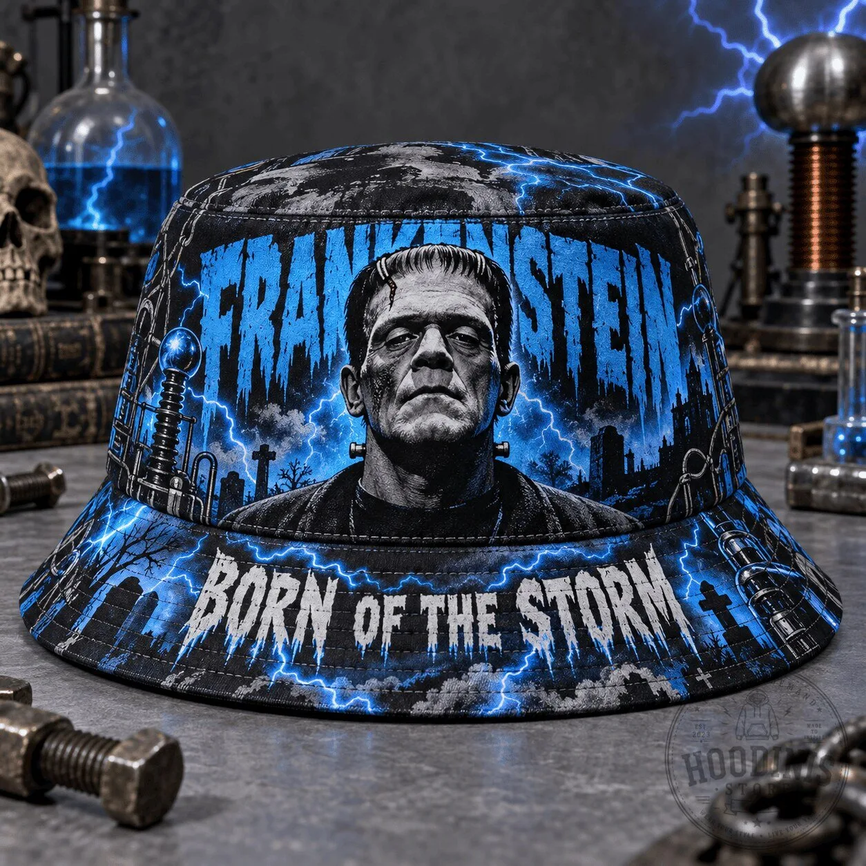 Graphic Bucket Hat Featuring Frankenstein: Born Of The Storm Horror Film Design