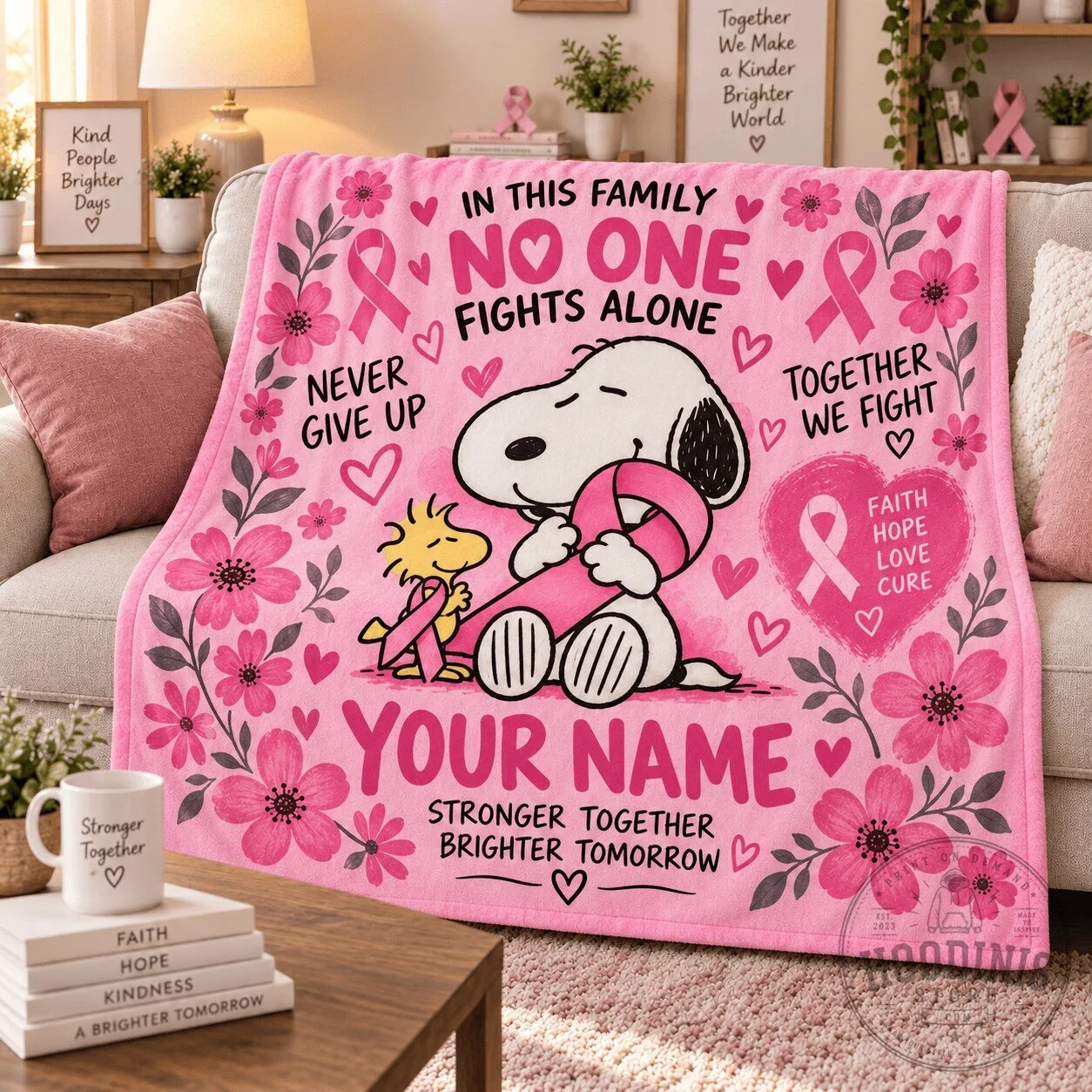 Snoopy Breast Cancer Awareness Personalized Blanket, No One Fights Alone