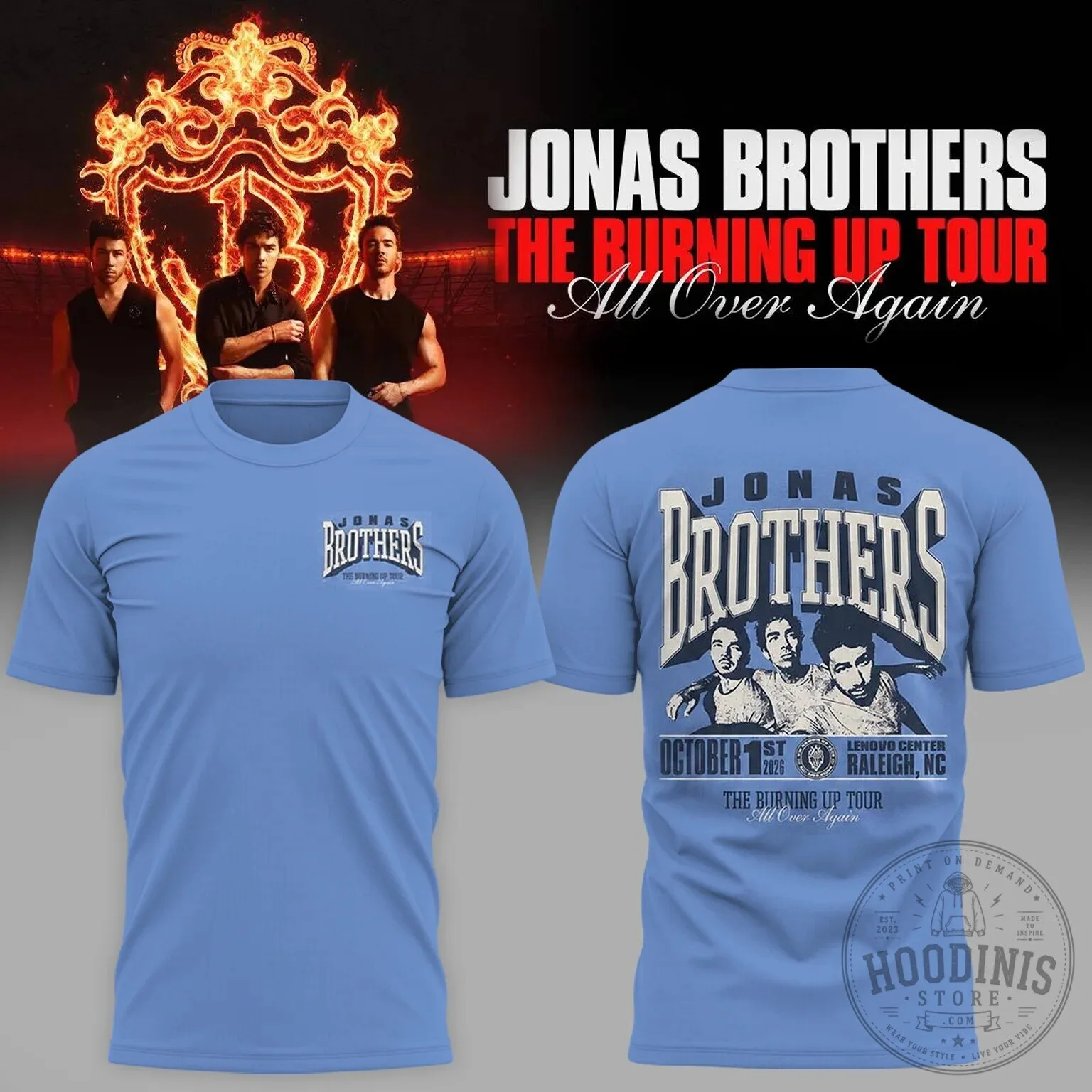 Jonas Brothers The Burning Up Tour All Over Again Raleigh North Carolina Concert T-Shirt