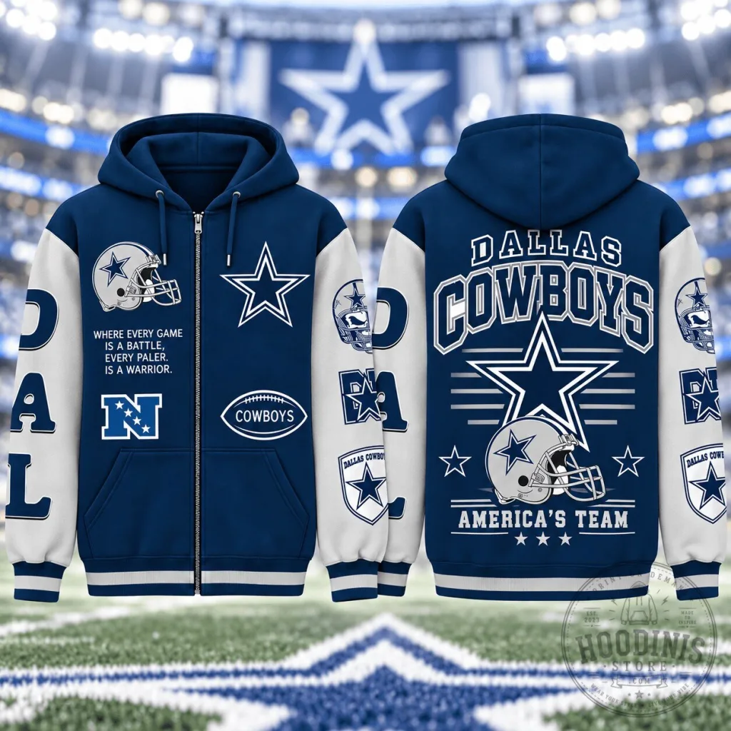 Dallas Cowboys Football Team Blue and White Varsity Style Zipper Hoodie Dallas Cowboys Football Team Blue and White Varsity Style Zipper Hoodie