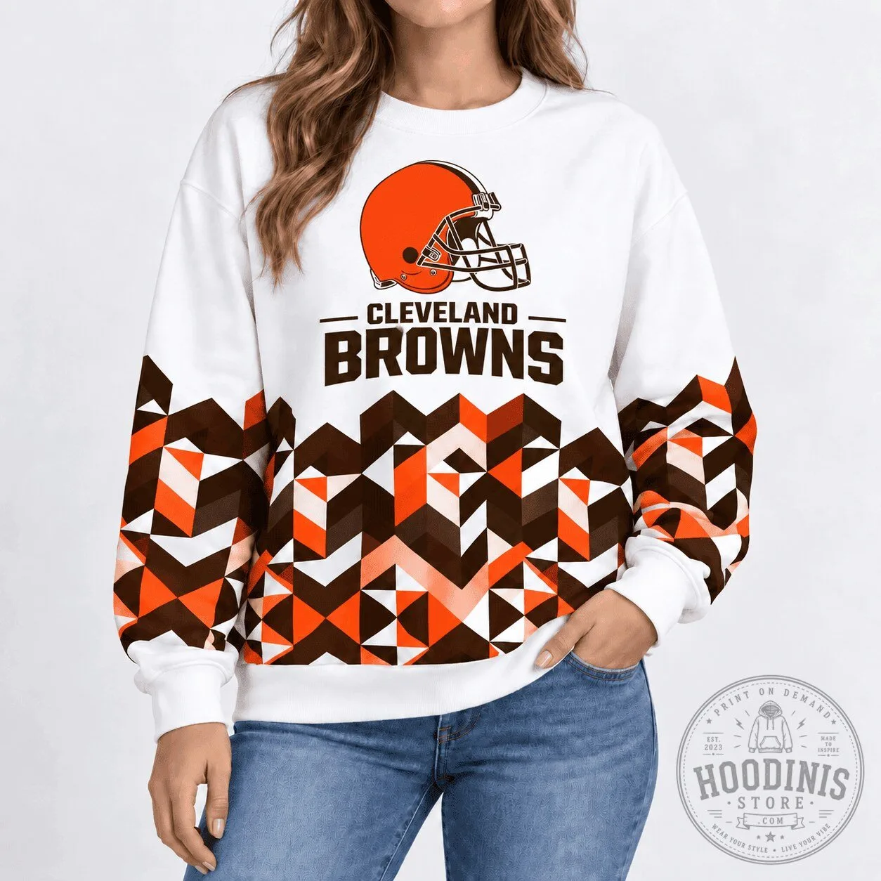 Cleveland Browns Football Team Geometric Chevron Pattern White Sweatshirt