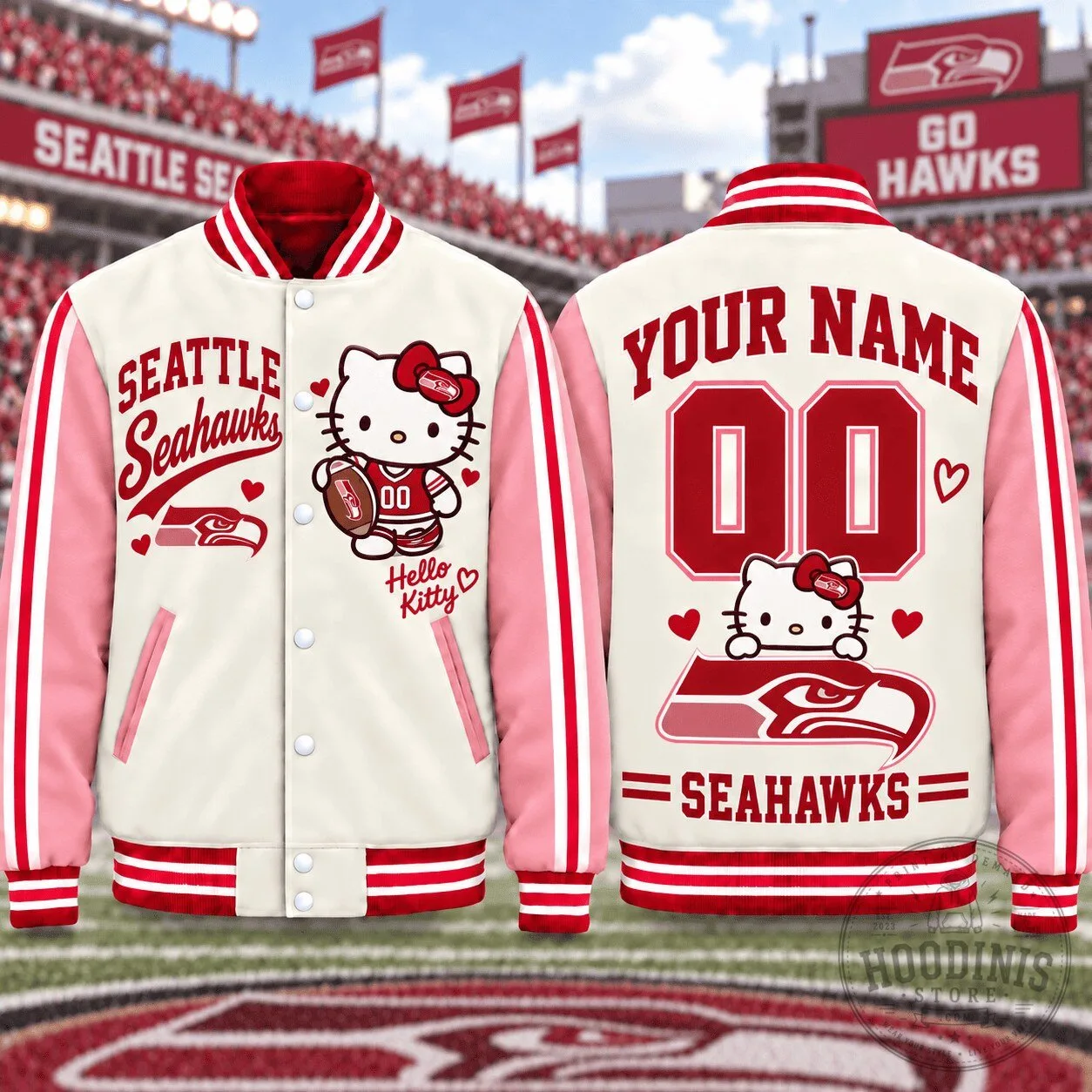 Seattle Seahawks Hello Kitty Personalized Name and Number Varsity Jacket