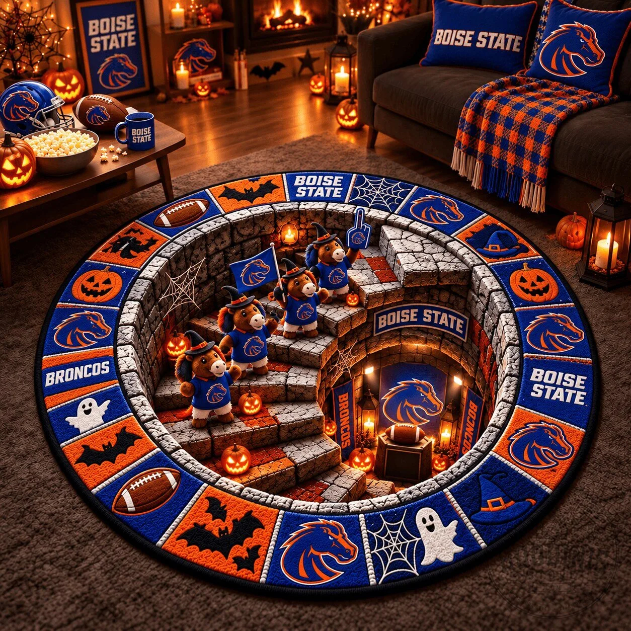 Boise State Broncos Halloween Football Fan Round Rug