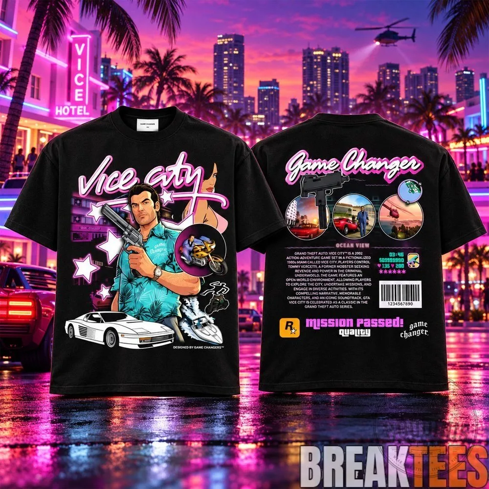 Black Graphic T-Shirt featuring Game Changer from Grand Theft Auto: Vice City 1 Black Graphic T-Shirt featuring Game Changer from Grand Theft Auto: Vice City