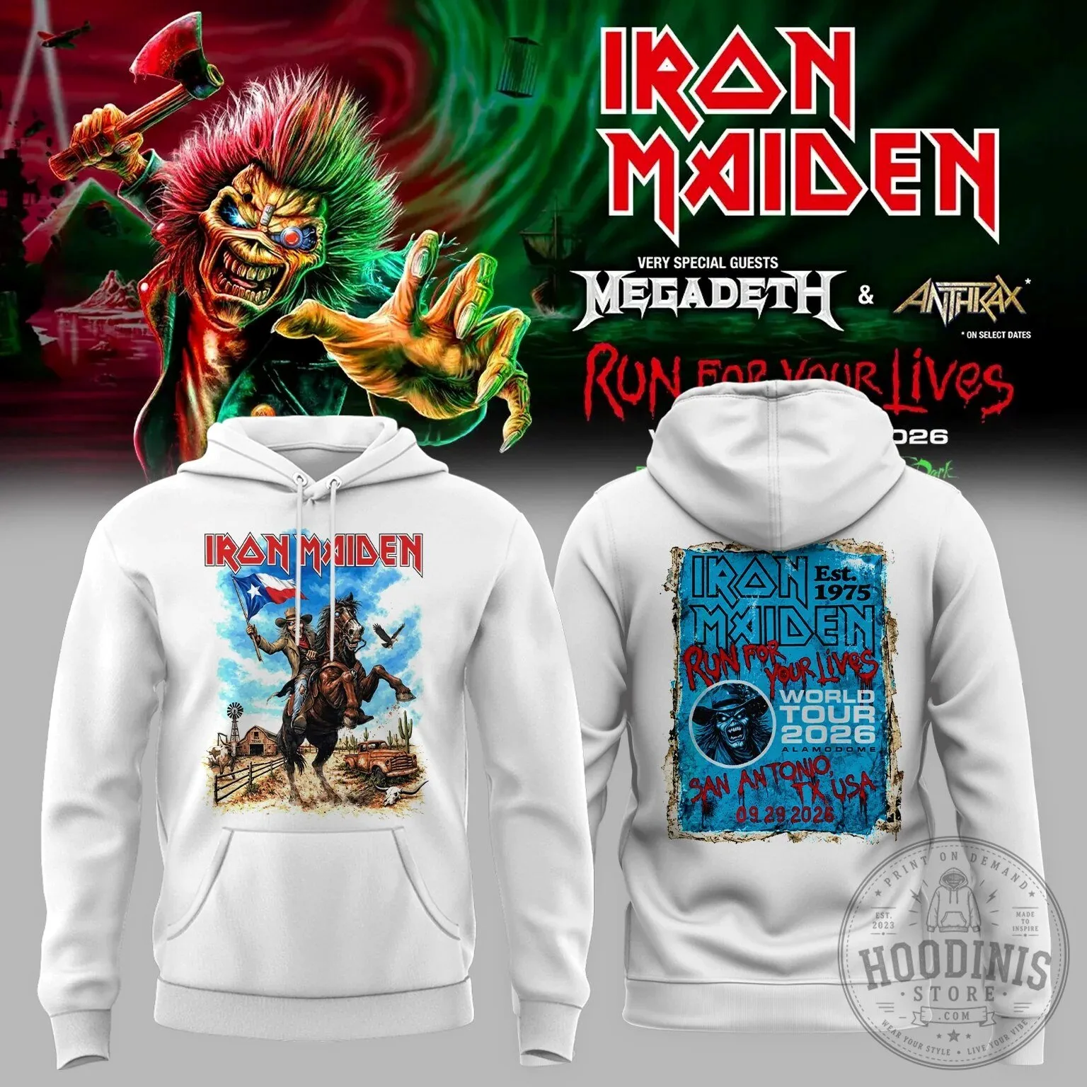 Iron Maiden Run For Your Lives World Tour 2026 San Antonio Texas Concert Hoodie