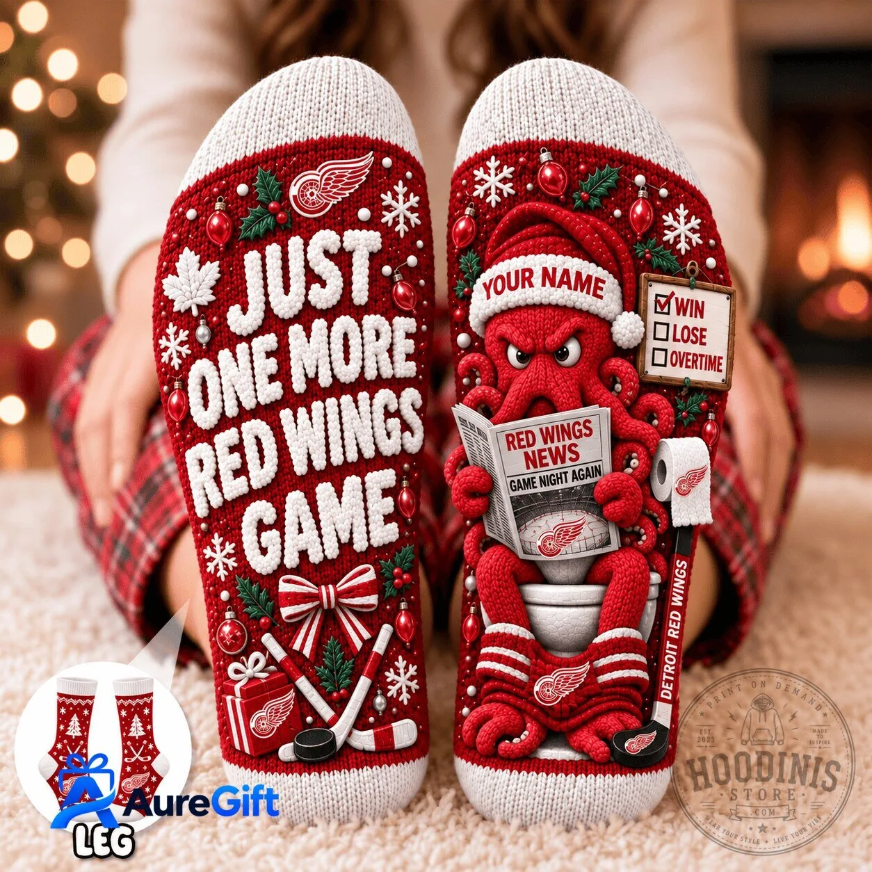 Detroit Red Wings Christmas Just One More Game Personalized Winter Socks
