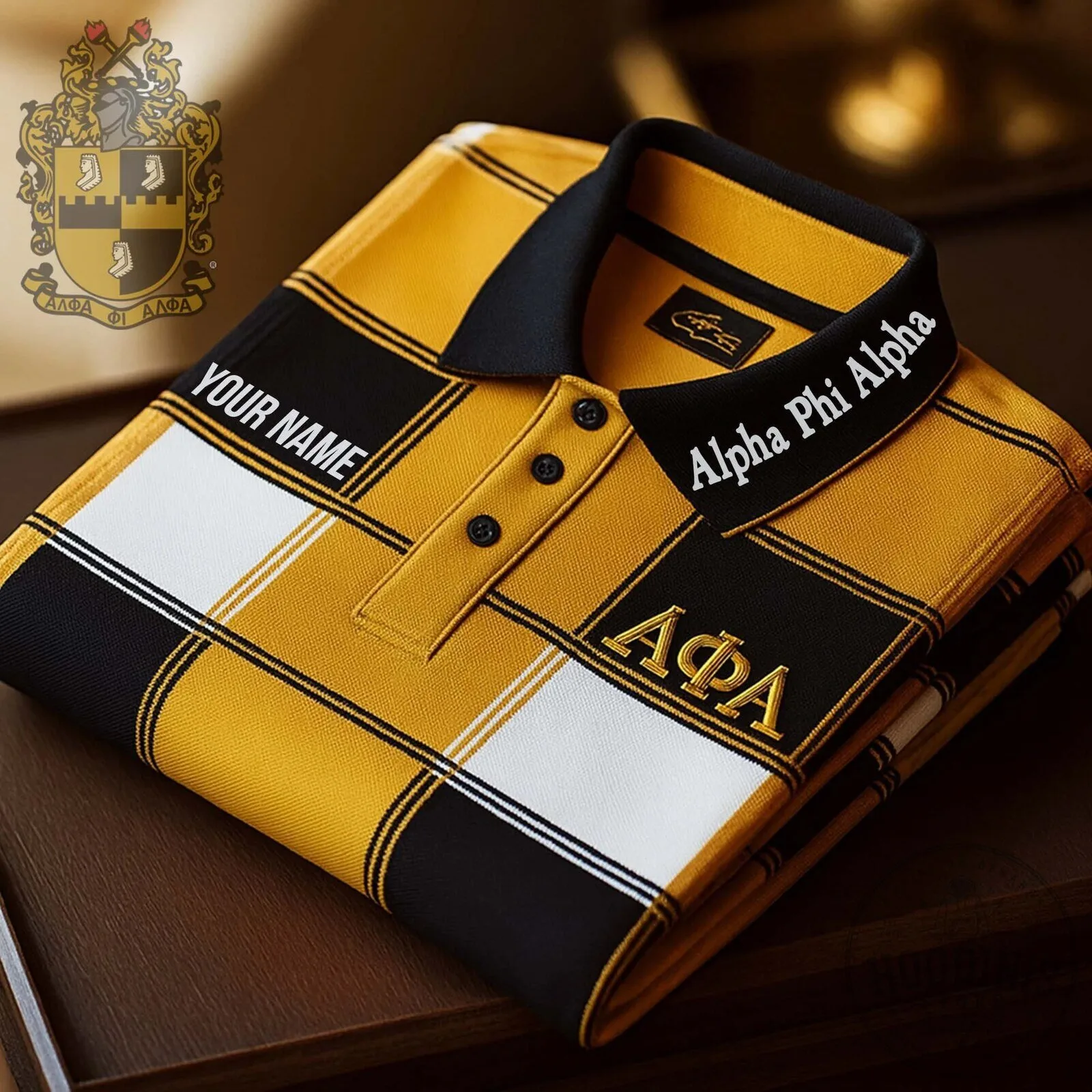 Alpha Phi Alpha Fraternity Incorporated Custom Name Gold Plaid Polo Shirt
