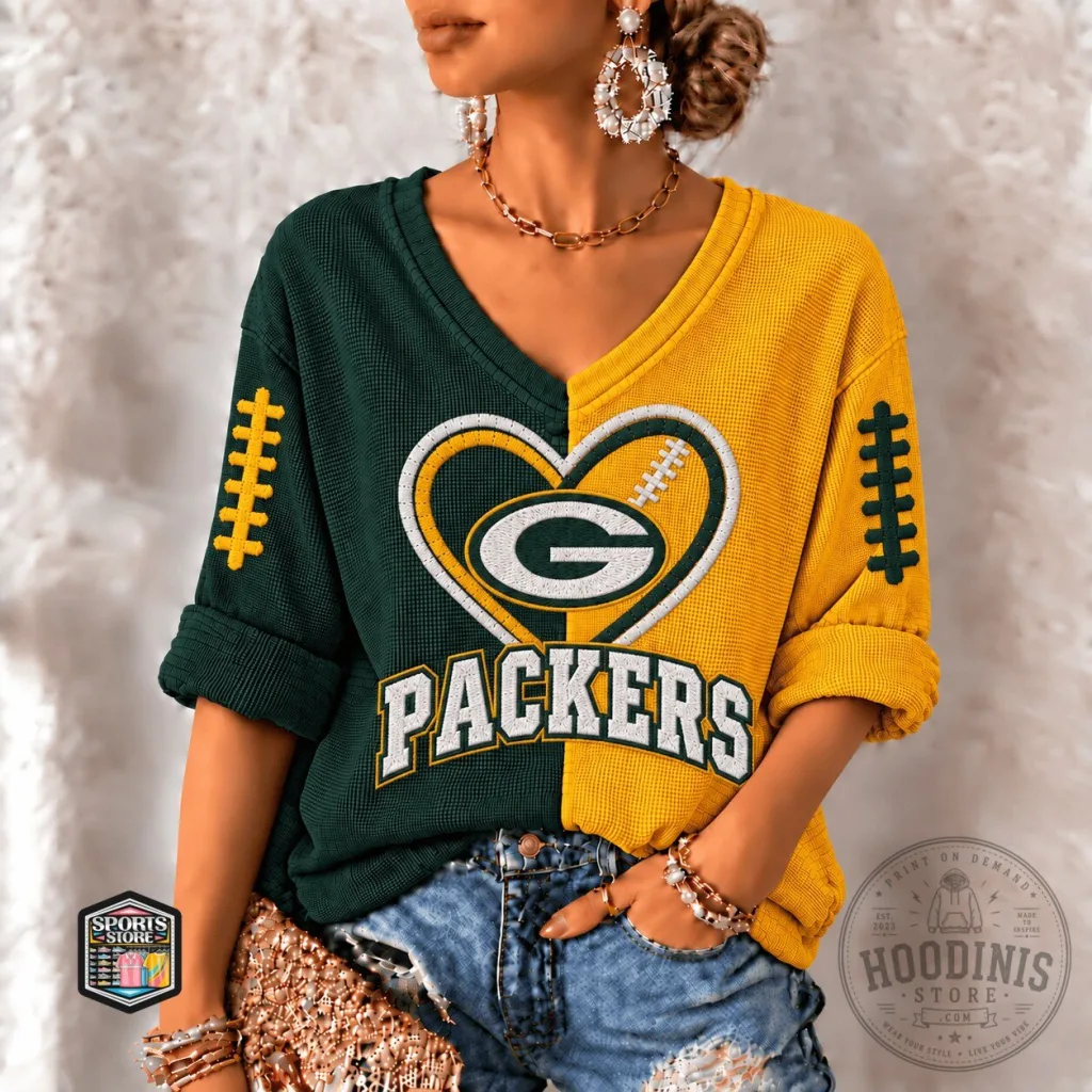 Green Bay Packers Heart Football Logo Two Tone Long Sleeve T-Shirt Green Bay Packers Heart Football Logo Two Tone Long Sleeve T-Shirt