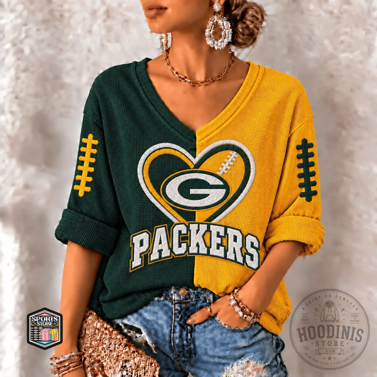 Green Bay Packers Heart Football Logo Two Tone Long Sleeve T-Shirt
