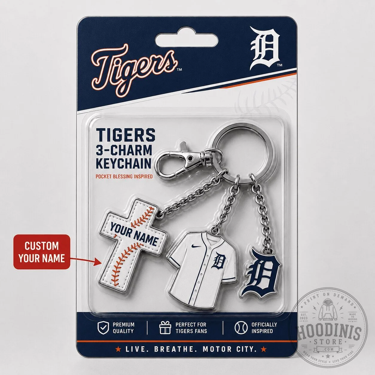 Detroit Tigers MLB Baseball 3-Charm Keychain Custom Name Gift for Fan