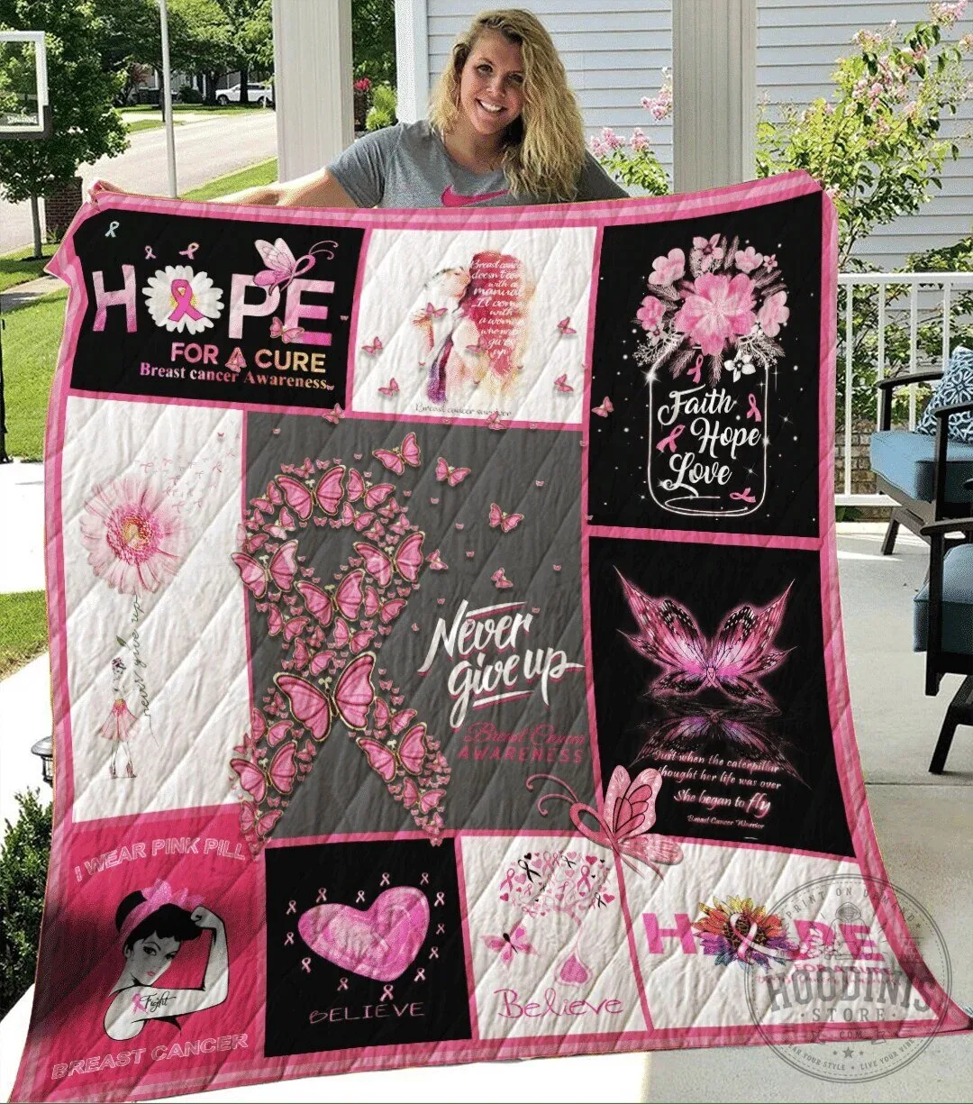 Breast Cancer Awareness Pink Ribbon Butterfly Hope Quilt Blanket