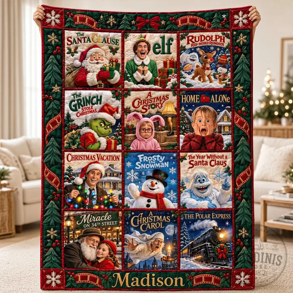 Christmas Movie Poster Quilted Blanket, Holiday Cinema Personalized Throw