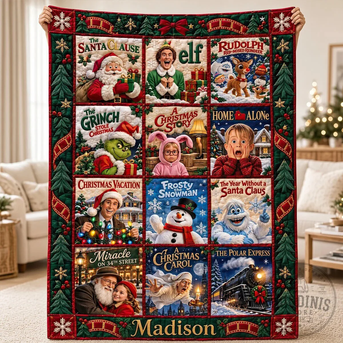 Christmas Movie Poster Quilted Blanket, Holiday Cinema Personalized Throw