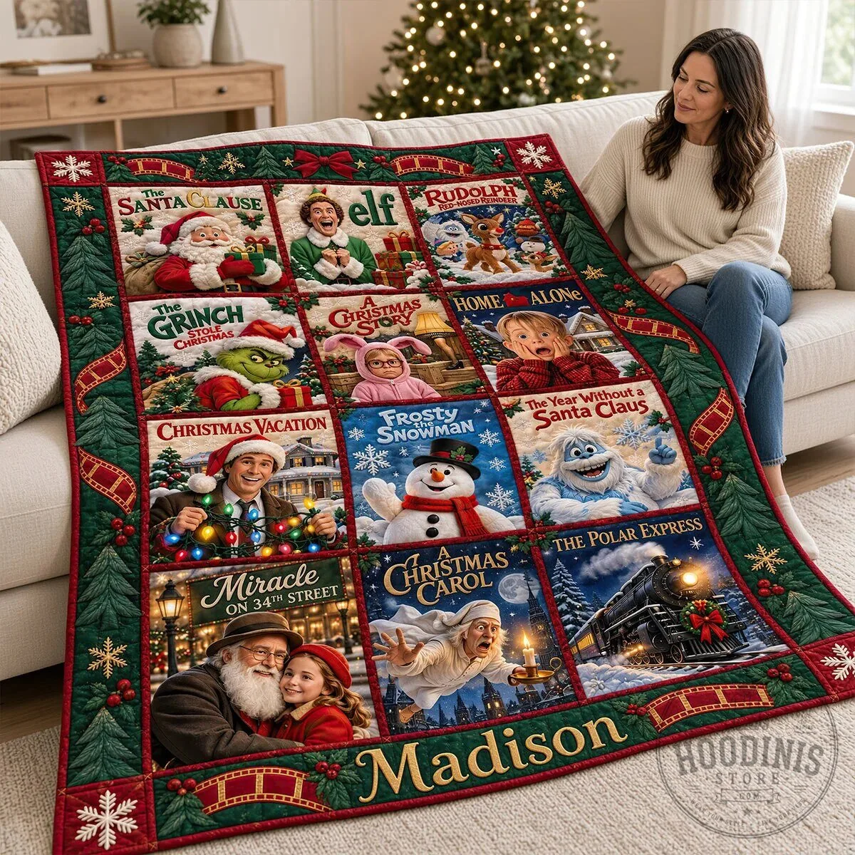 Christmas Movie Poster Quilted Blanket, Holiday Cinema Personalized Throw 9 Christmas Movie Poster Quilted Blanket, Holiday Cinema Personalized Throw