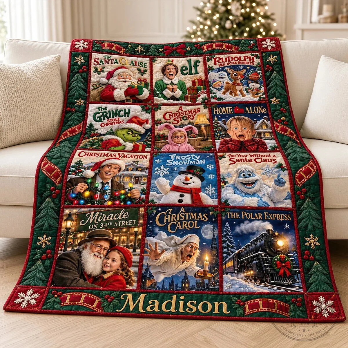 Christmas Movie Poster Quilted Blanket, Holiday Cinema Personalized Throw 10 Christmas Movie Poster Quilted Blanket, Holiday Cinema Personalized Throw