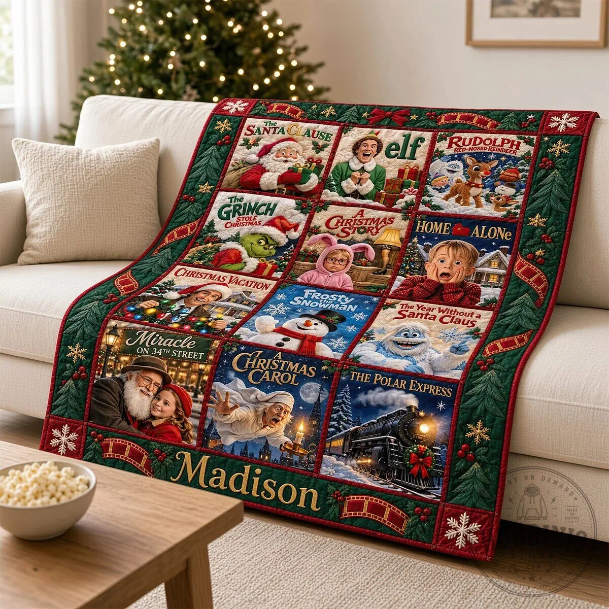 Christmas Movie Poster Quilted Blanket, Holiday Cinema Personalized Throw 11 Christmas Movie Poster Quilted Blanket, Holiday Cinema Personalized Throw