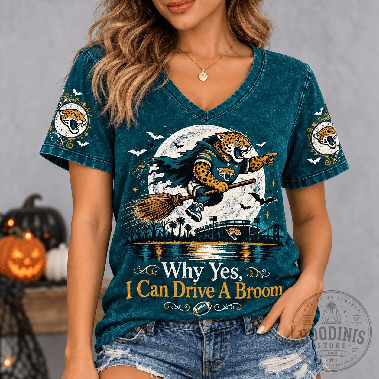 Jacksonville Jaguars Witch Riding Broom Funny Halloween V-Neck T-Shirt