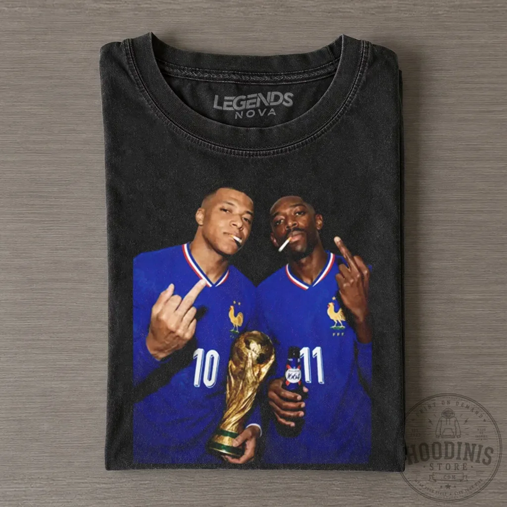 France Football World Cup T-Shirt featuring Ousmane Dembélé and Kylian Mbappé France Football World Cup T-Shirt featuring Ousmane Dembélé and Kylian Mbappé